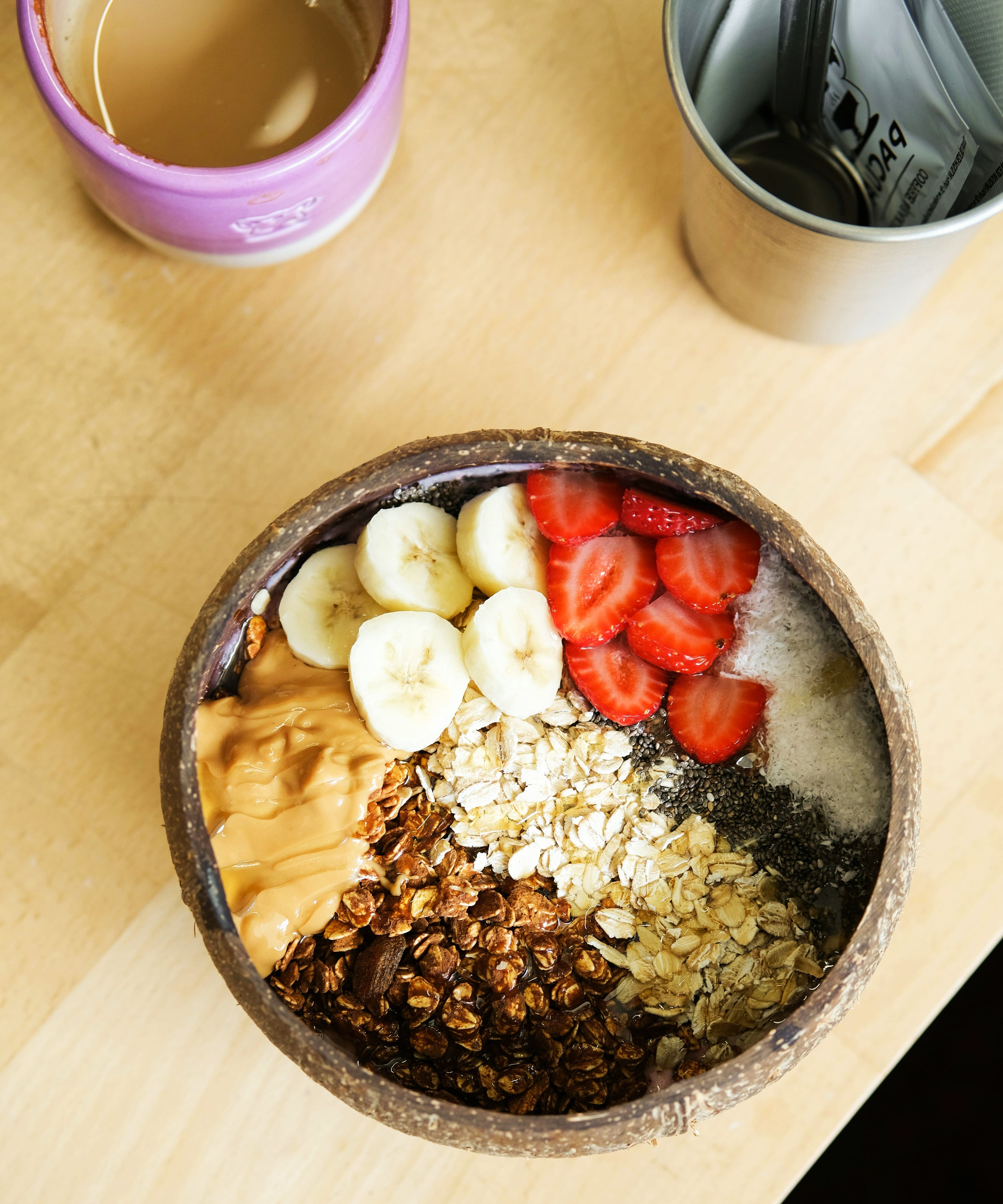 Nutritious breakfast bowl with fruits granola and oats
